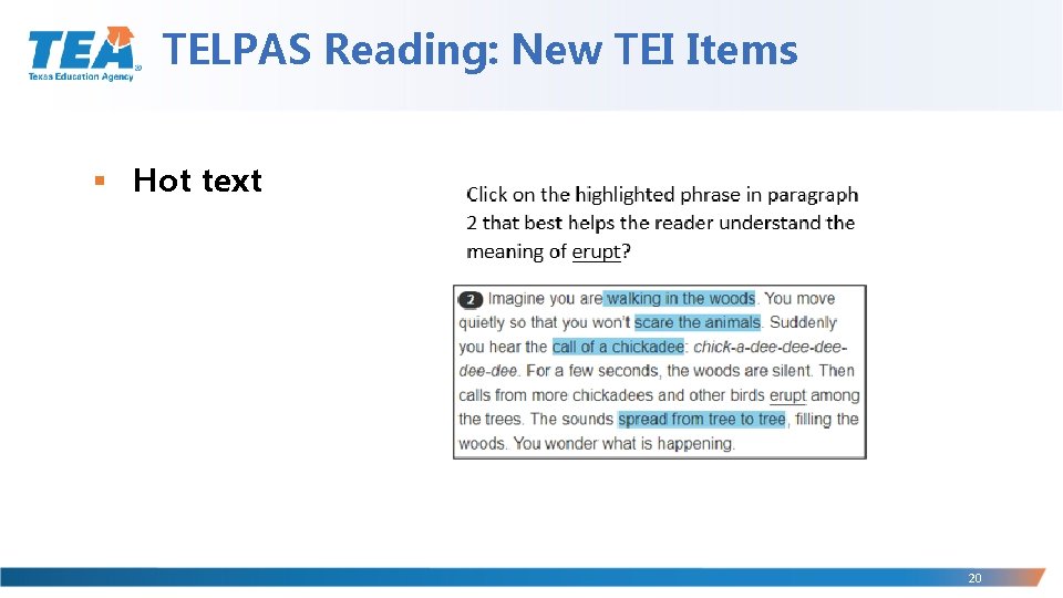 TELPAS Reading: New TEI Items § Hot text 20 