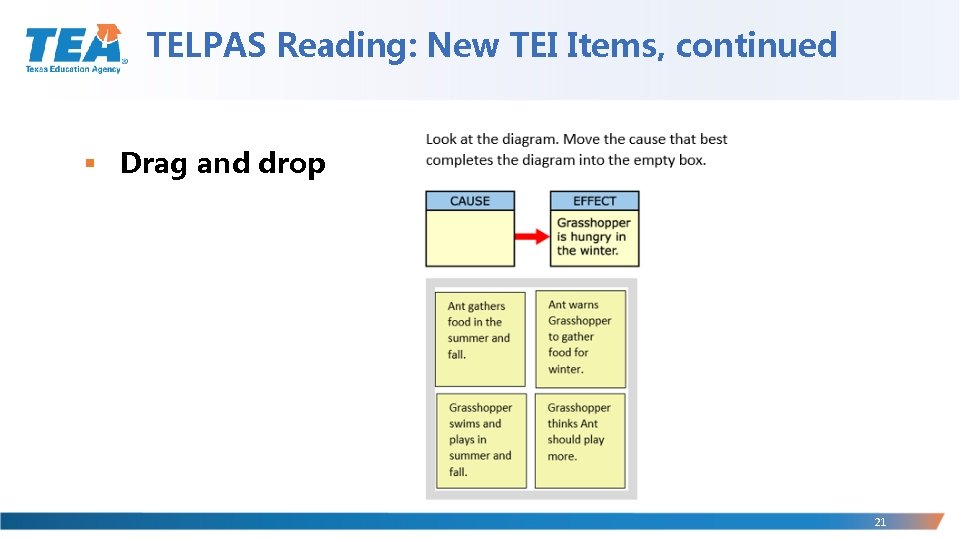 TELPAS Reading: New TEI Items, continued § Drag and drop 21 