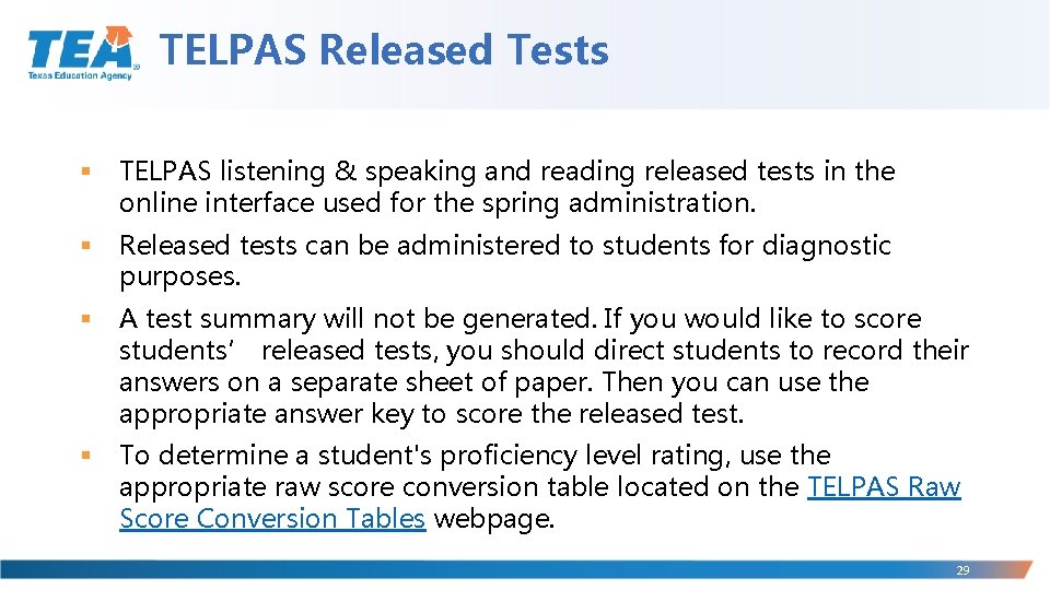 TELPAS Released Tests § TELPAS listening & speaking and reading released tests in the