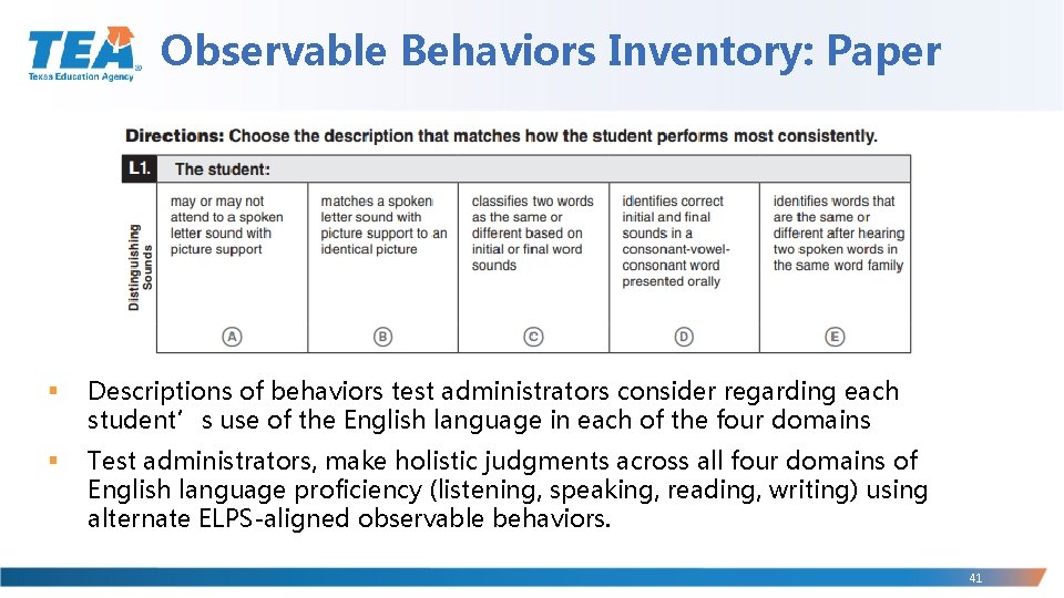 Observable Behaviors Inventory: Paper § Descriptions of behaviors test administrators consider regarding each student’s