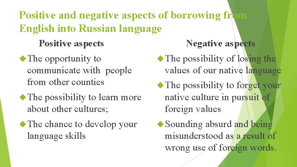 Positive and negative aspects of borrowing from English into Russian language Positive aspects The