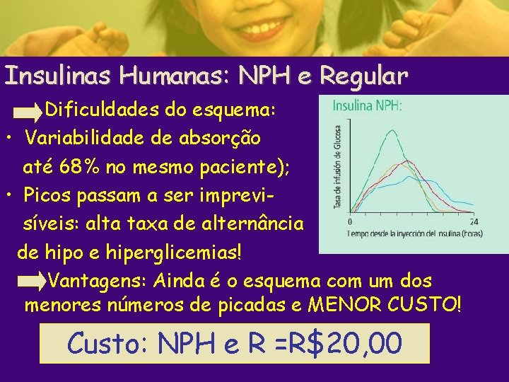 Insulinas Humanas: NPH e Regular Dificuldades do esquema: • Variabilidade de absorção até 68%