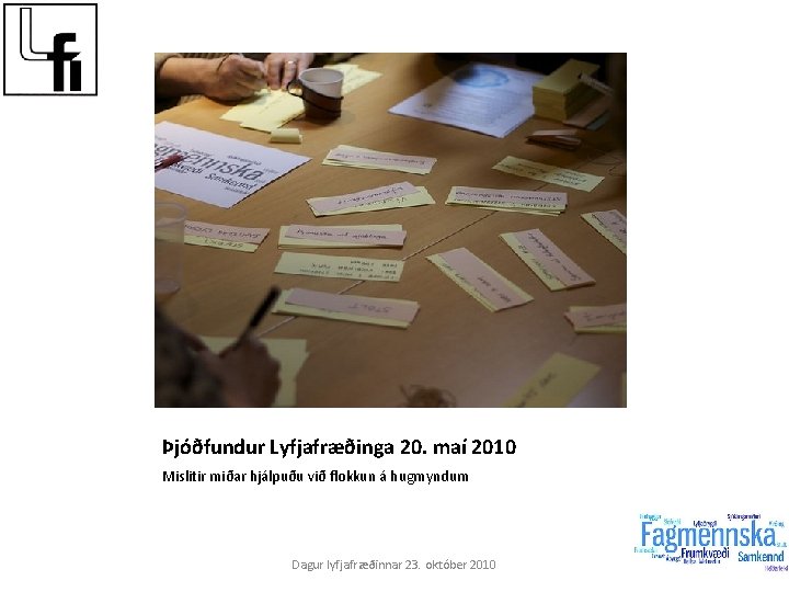 Þjóðfundur Lyfjafræðinga 20. maí 2010 Mislitir miðar hjálpuðu við flokkun á hugmyndum Dagur lyfjafræðinnar