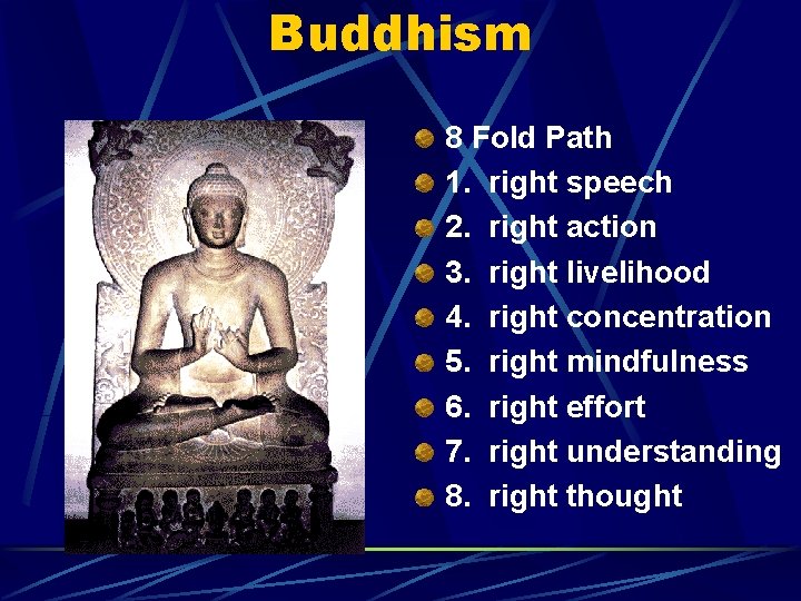 Buddhism 8 Fold Path 1. right speech 2. right action 3. right livelihood 4.