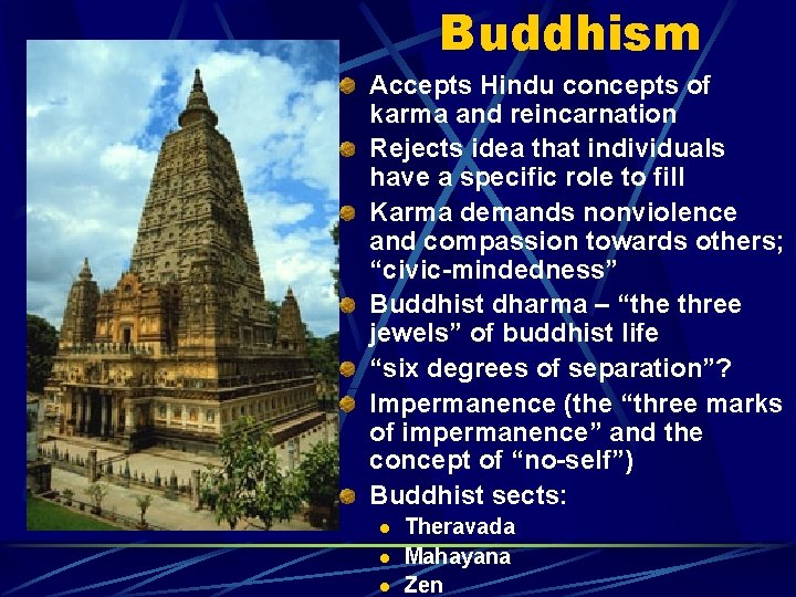 Buddhism Accepts Hindu concepts of karma and reincarnation Rejects idea that individuals have a