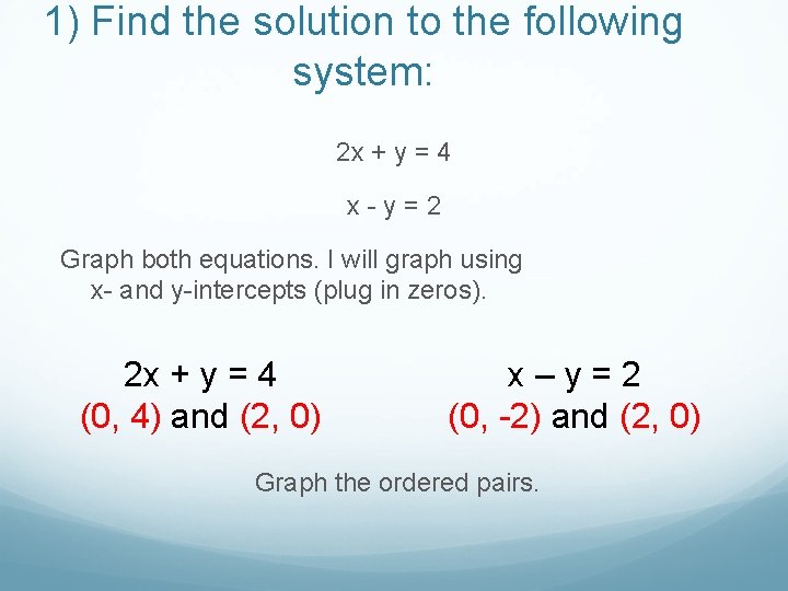 1) Find the solution to the following system: 2 x + y = 4