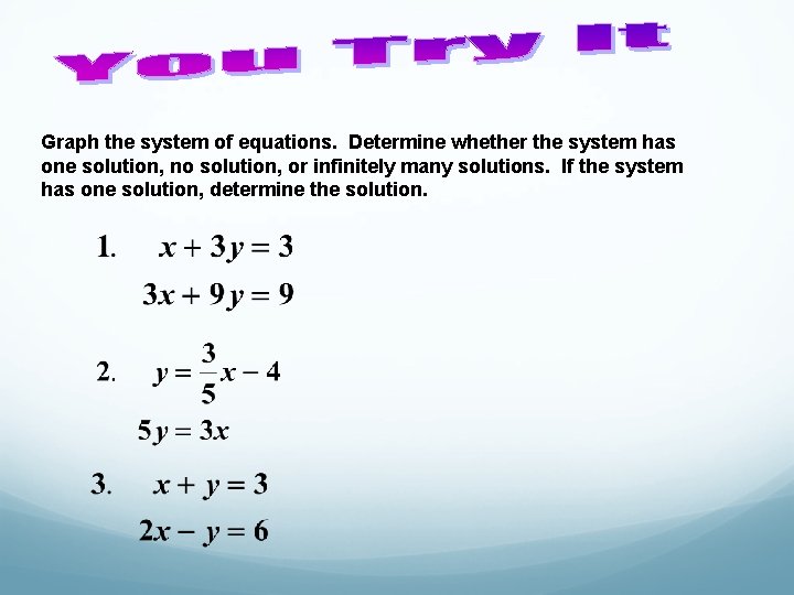 Graph the system of equations. Determine whether the system has one solution, no solution,