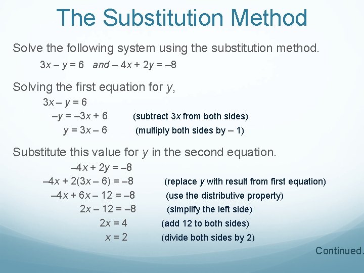 The Substitution Method Solve the following system using the substitution method. 3 x –