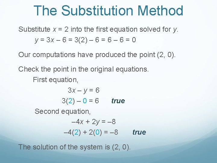 The Substitution Method Substitute x = 2 into the first equation solved for y. The Substitution Method Substitute x = 2 into the first equation solved for y.