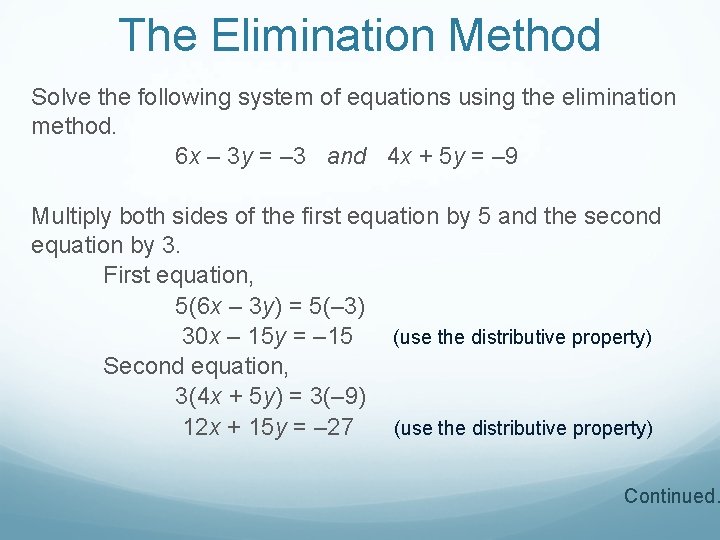 The Elimination Method Solve the following system of equations using the elimination method. 6