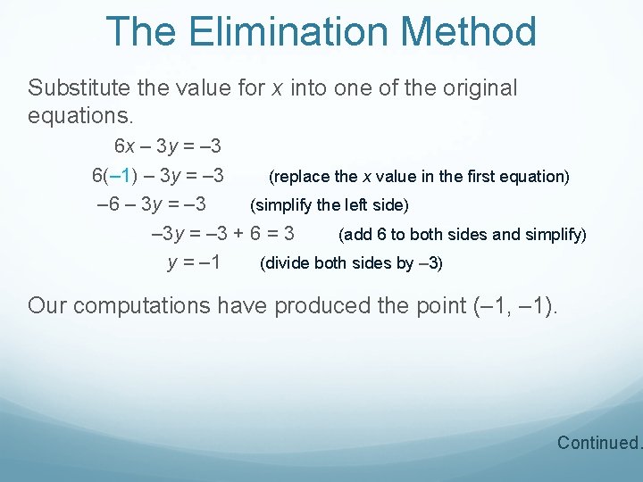 The Elimination Method Substitute the value for x into one of the original equations.