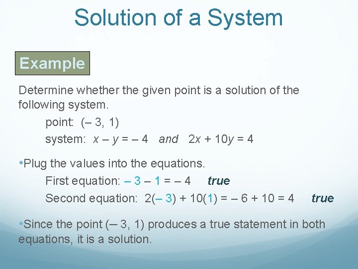 Solution of a System Example Determine whether the given point is a solution of