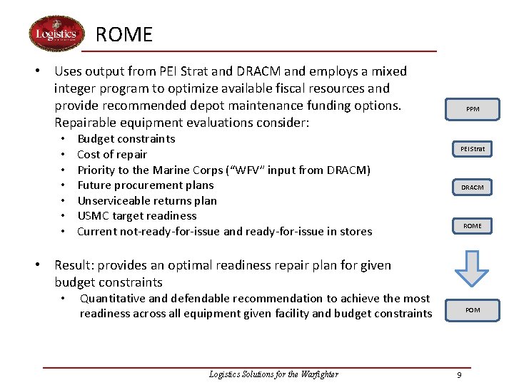 ROME • Uses output from PEI Strat and DRACM and employs a mixed integer