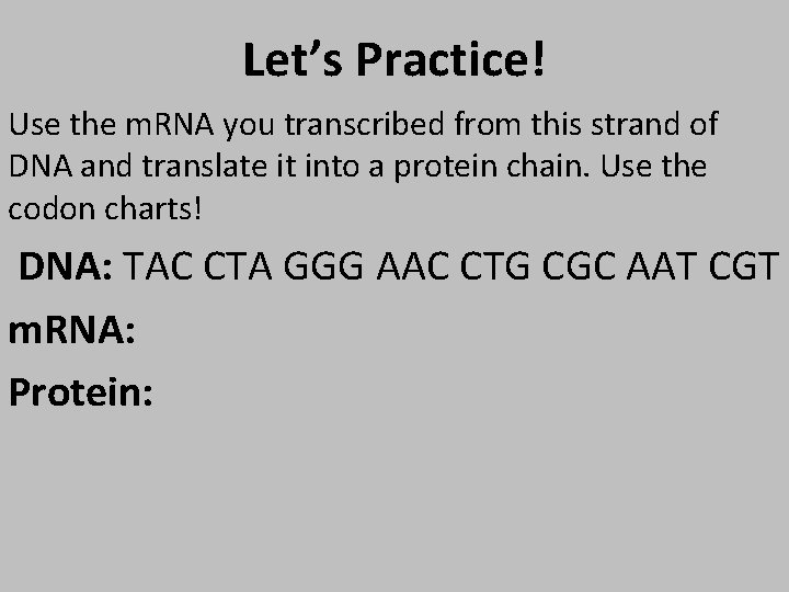 Let’s Practice! Use the m. RNA you transcribed from this strand of DNA and