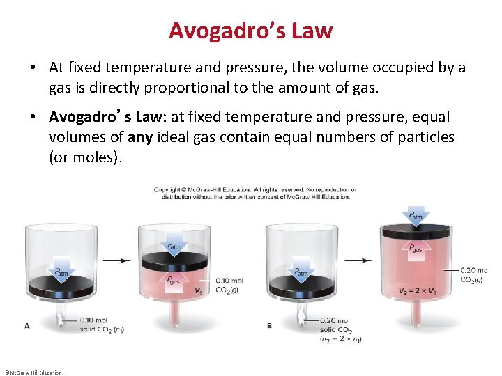 Avogadro’s Law • At fixed temperature and pressure, the volume occupied by a gas