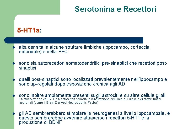 Serotonina e Recettori 5 -HT 1 a: l alta densità in alcune strutture limbiche