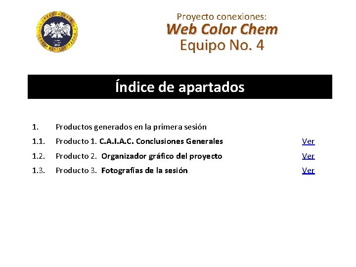 Proyecto conexiones: Web Color Chem Equipo No. 4 Índice de apartados 1. Productos generados