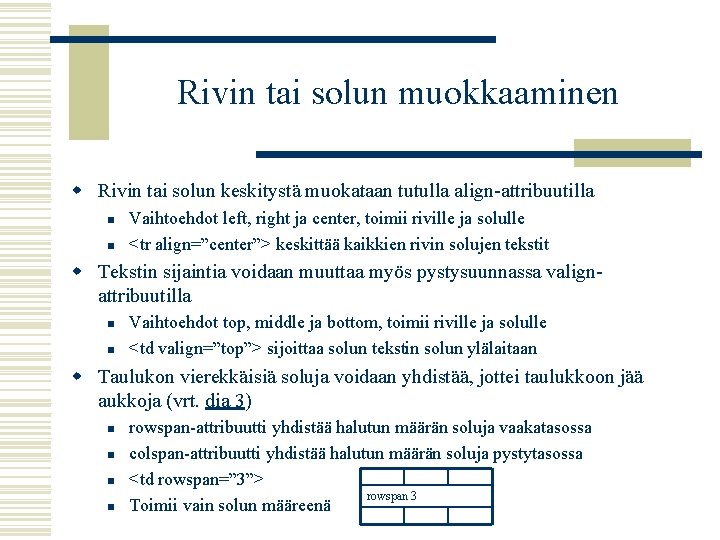 Rivin tai solun muokkaaminen w Rivin tai solun keskitystä muokataan tutulla align-attribuutilla n n