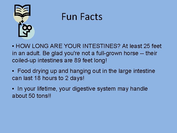 Fun Facts • HOW LONG ARE YOUR INTESTINES? At least 25 feet in an