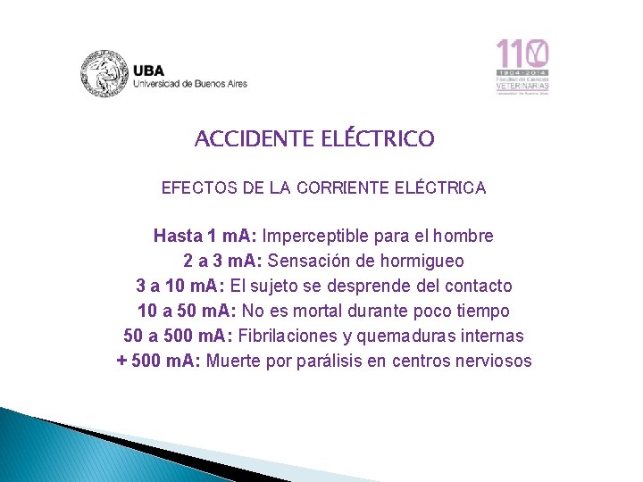 ACCIDENTE ELÉCTRICO EFECTOS DE LA CORRIENTE ELÉCTRICA Hasta 1 m. A: Imperceptible para el