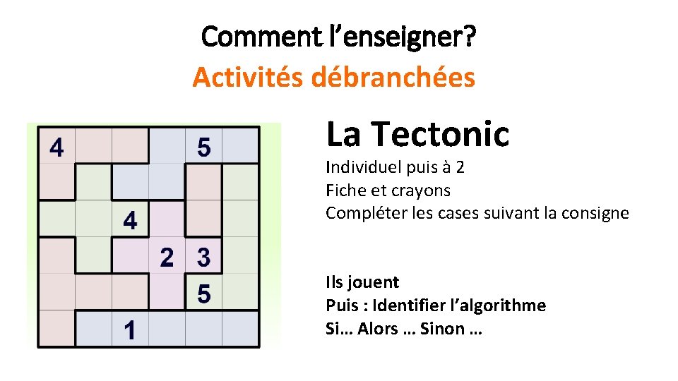 Comment l’enseigner? Activités débranchées La Tectonic Individuel puis à 2 Fiche et crayons Compléter