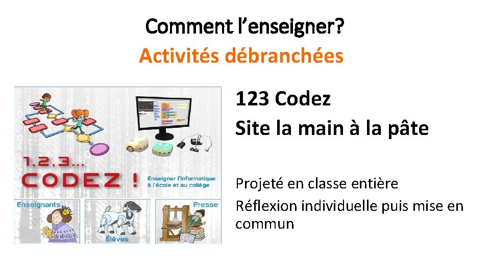 Comment l’enseigner? Activités débranchées 123 Codez Site la main à la pâte Projeté en