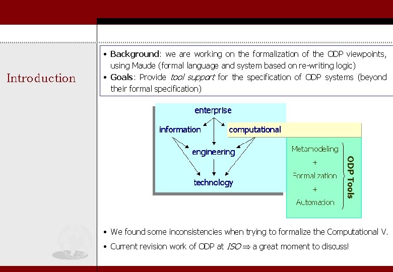 Introduction • Background: we are working on the formalization of the ODP viewpoints, using