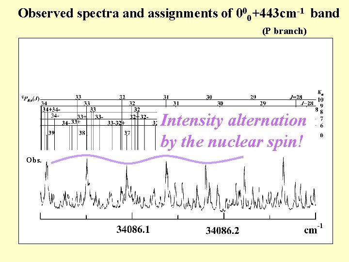 Observed spectra and assignments of 000+443 cm-1 band (P branch) Calc. Intensity alternation by