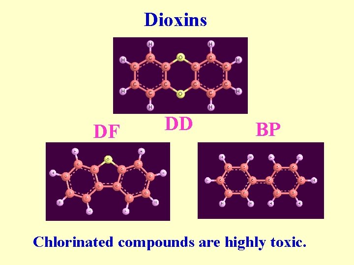 Dioxins DF DD BP Chlorinated compounds are highly toxic. 