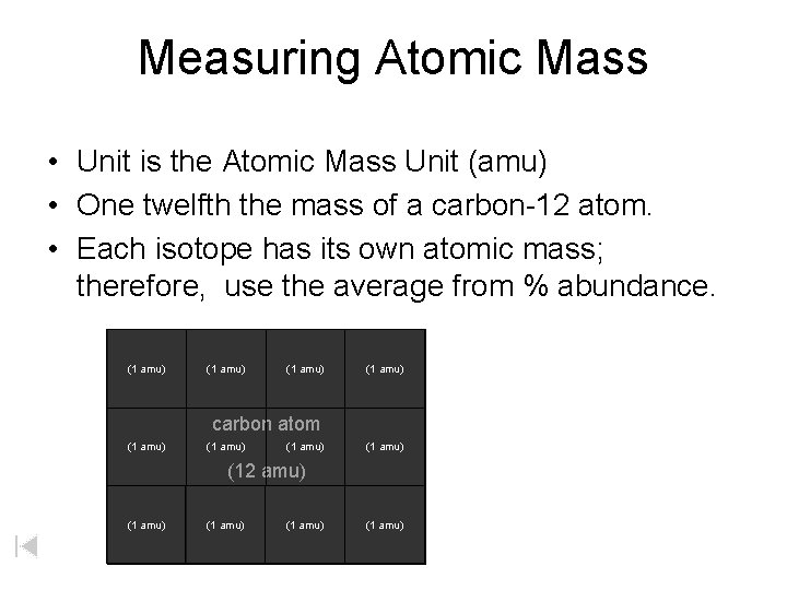 Measuring Atomic Mass • Unit is the Atomic Mass Unit (amu) • One twelfth