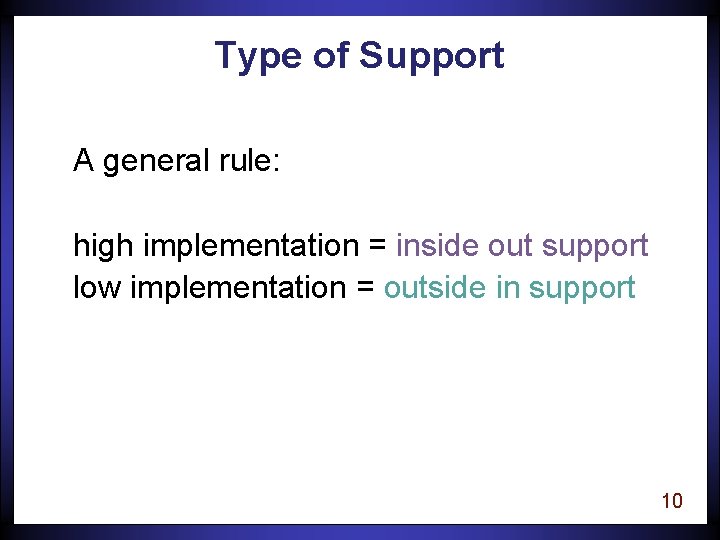 Type of Support A general rule: high implementation = inside out support low implementation