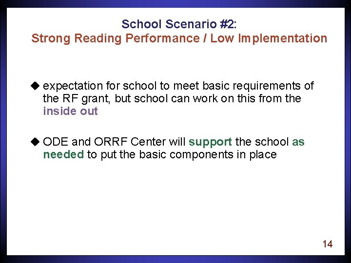 School Scenario #2: Strong Reading Performance / Low Implementation u expectation for school to