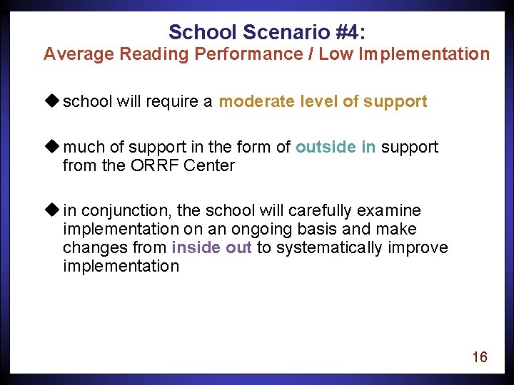 School Scenario #4: Average Reading Performance / Low Implementation u school will require a
