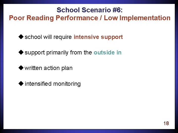 School Scenario #6: Poor Reading Performance / Low Implementation u school will require intensive