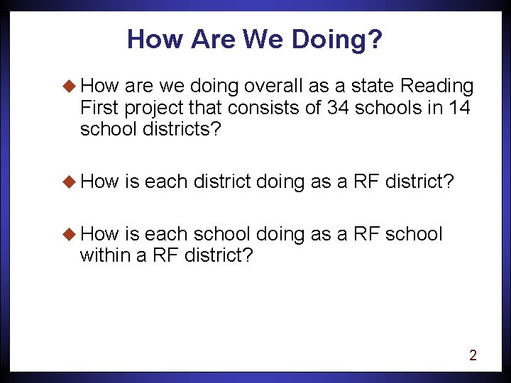 How Are We Doing? u How are we doing overall as a state Reading
