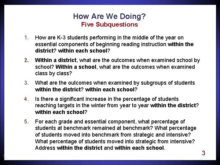 How Are We Doing? Five Subquestions 1. How are K-3 students performing in the