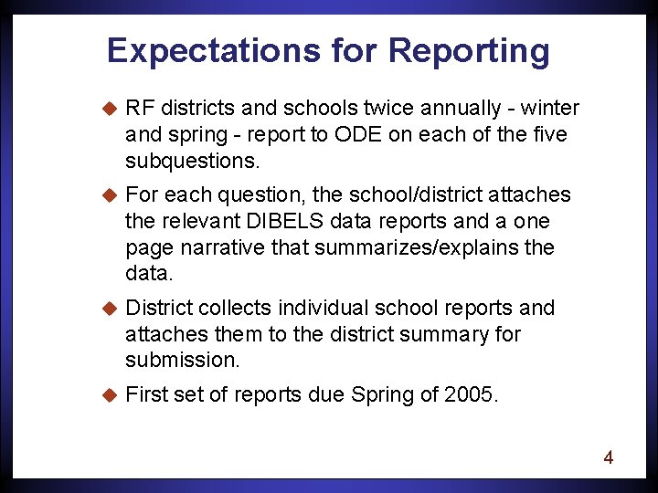 Expectations for Reporting u RF districts and schools twice annually - winter and spring