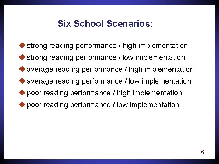 Six School Scenarios: u strong reading performance / high implementation u strong reading performance