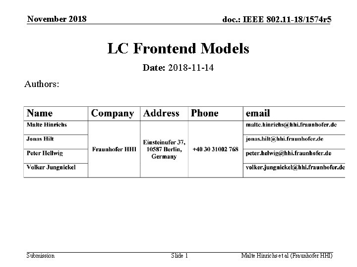 November 2018 doc. : IEEE 802. 11 -18/1574 r 5 LC Frontend Models Date: