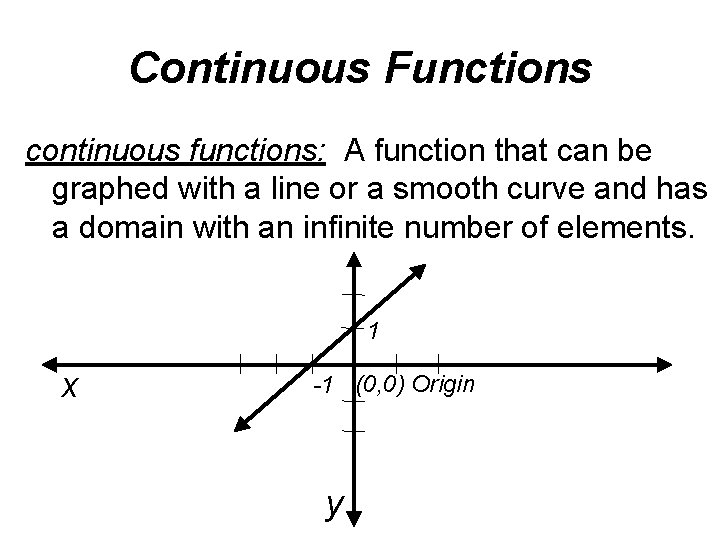Continuous Functions continuous functions: A function that can be graphed with a line or
