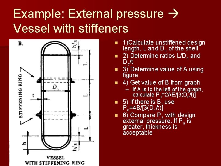 Example: External pressure Vessel with stiffeners n n 1)Calculate unstiffened design length, L and Example: External pressure Vessel with stiffeners n n 1)Calculate unstiffened design length, L and