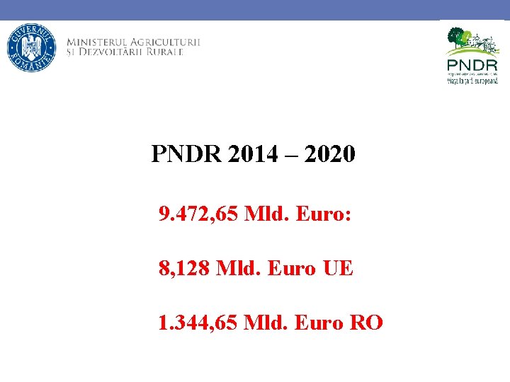 PNDR 2014 – 2020 9. 472, 65 Mld. Euro: 8, 128 Mld. Euro UE