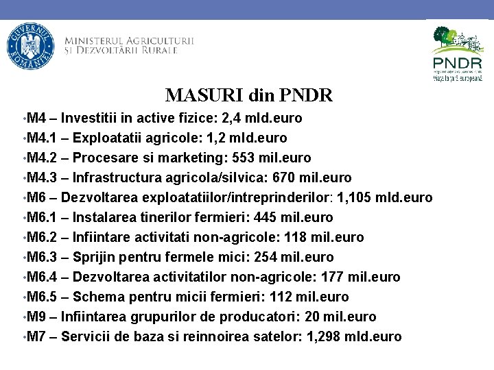 MASURI din PNDR • M 4 – Investitii in active fizice: 2, 4 mld.