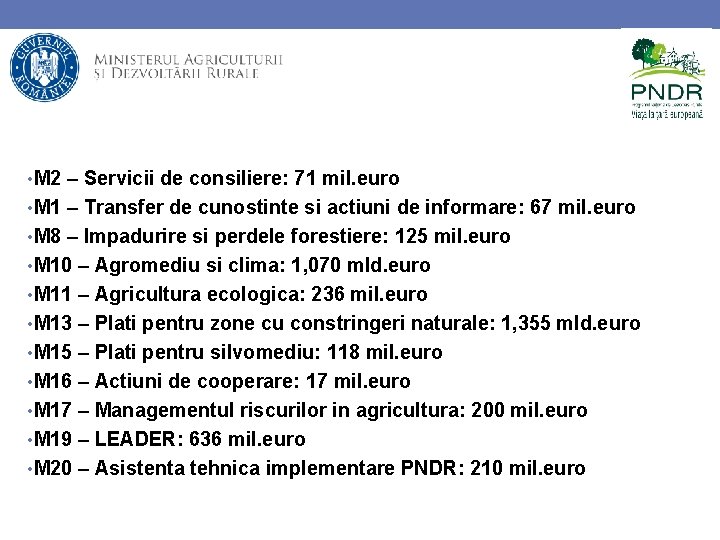  • M 2 – Servicii de consiliere: 71 mil. euro • M 1