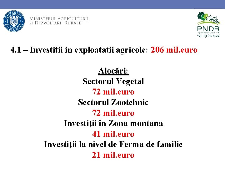 4. 1 – Investitii in exploatatii agricole: 206 mil. euro Alocări: Sectorul Vegetal 72