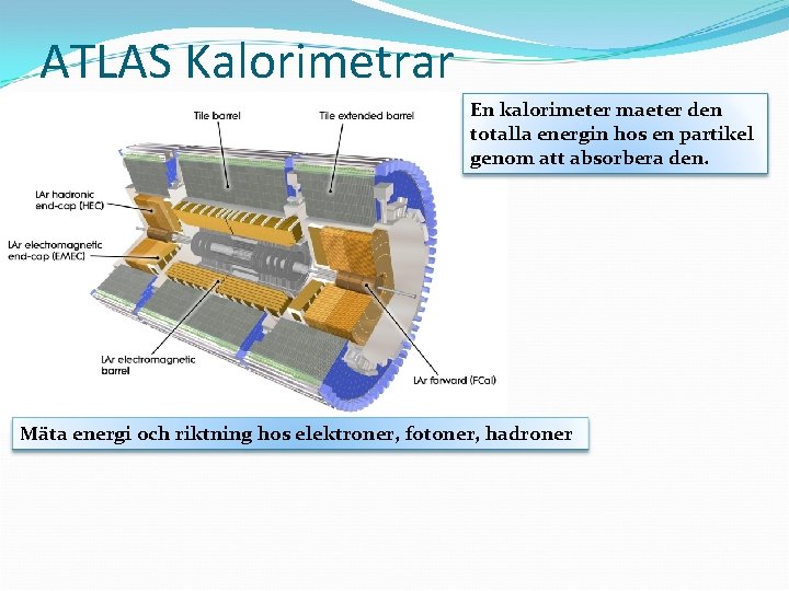 ATLAS Kalorimetrar En kalorimeter maeter den totalla energin hos en partikel genom att absorbera