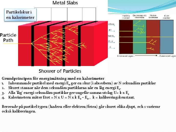 Partikelskur i en kalorimeter Grundprincipen för energimätning med en kalorimeter 1. Inkommande partikel med