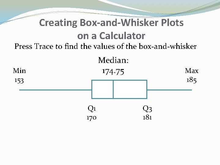 Creating Box-and-Whisker Plots on a Calculator Press Trace to find the values of the