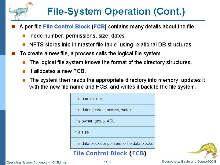 File-System Operation (Cont. ) n A per-file File Control Block (FCB) contains many details