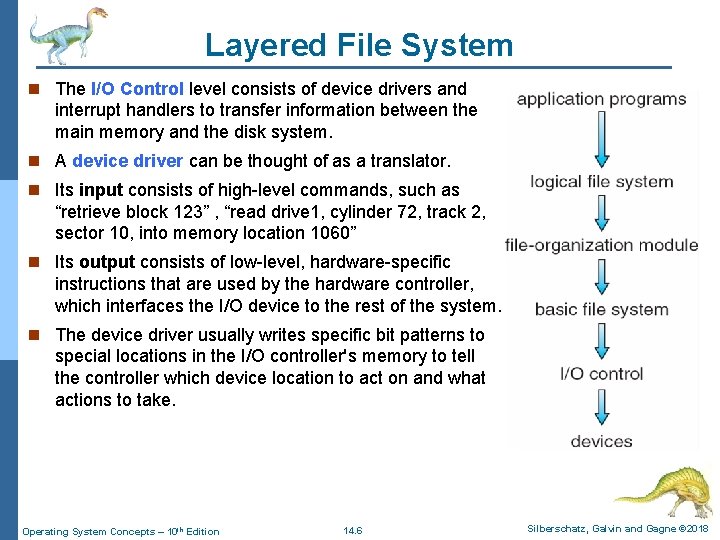 Layered File System n The I/O Control level consists of device drivers and interrupt